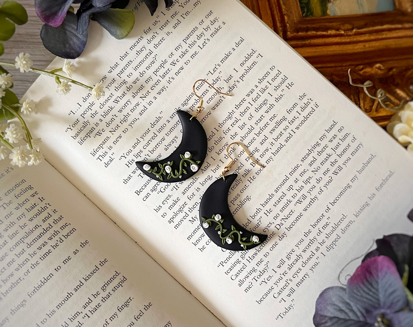 Hand sculpted Floral Moon Dangles