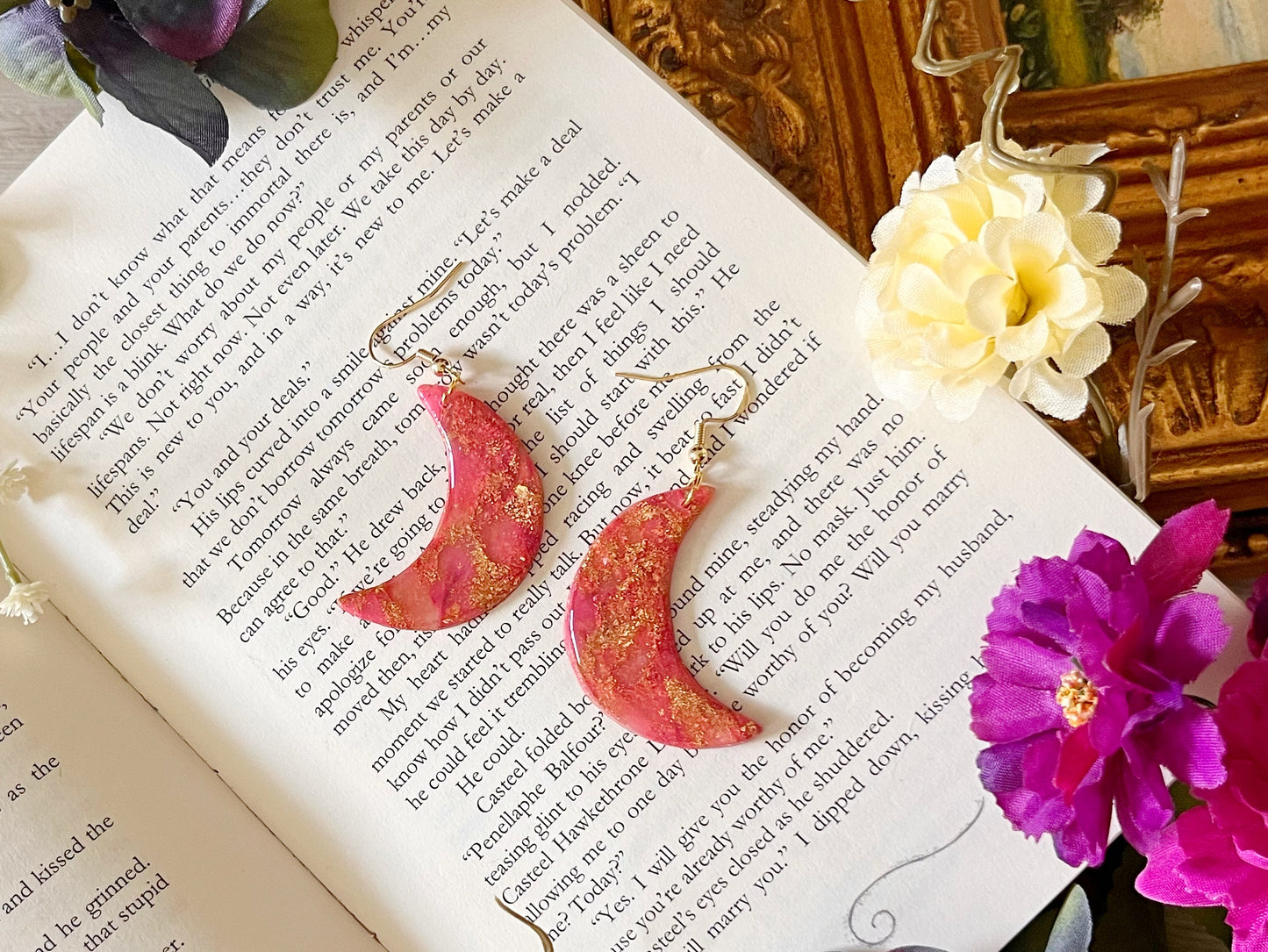 Polymer Clay Pink and Gold Moon Dangles