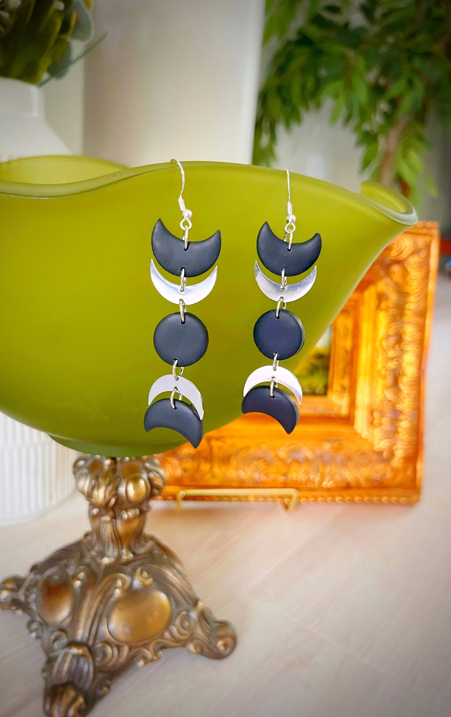 Polymer Clay Silver Moon Phase Dangles