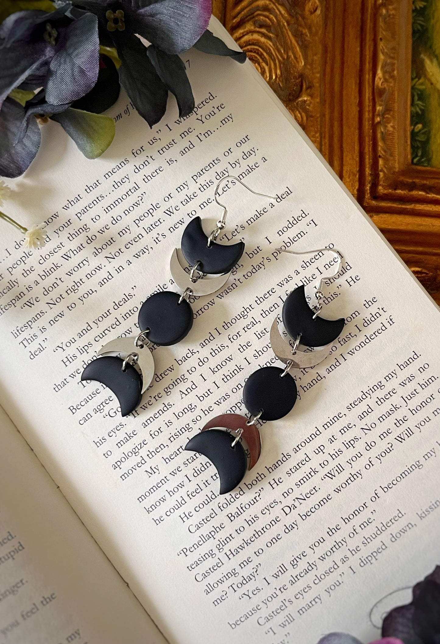 Polymer Clay Silver Moon Phase Dangles