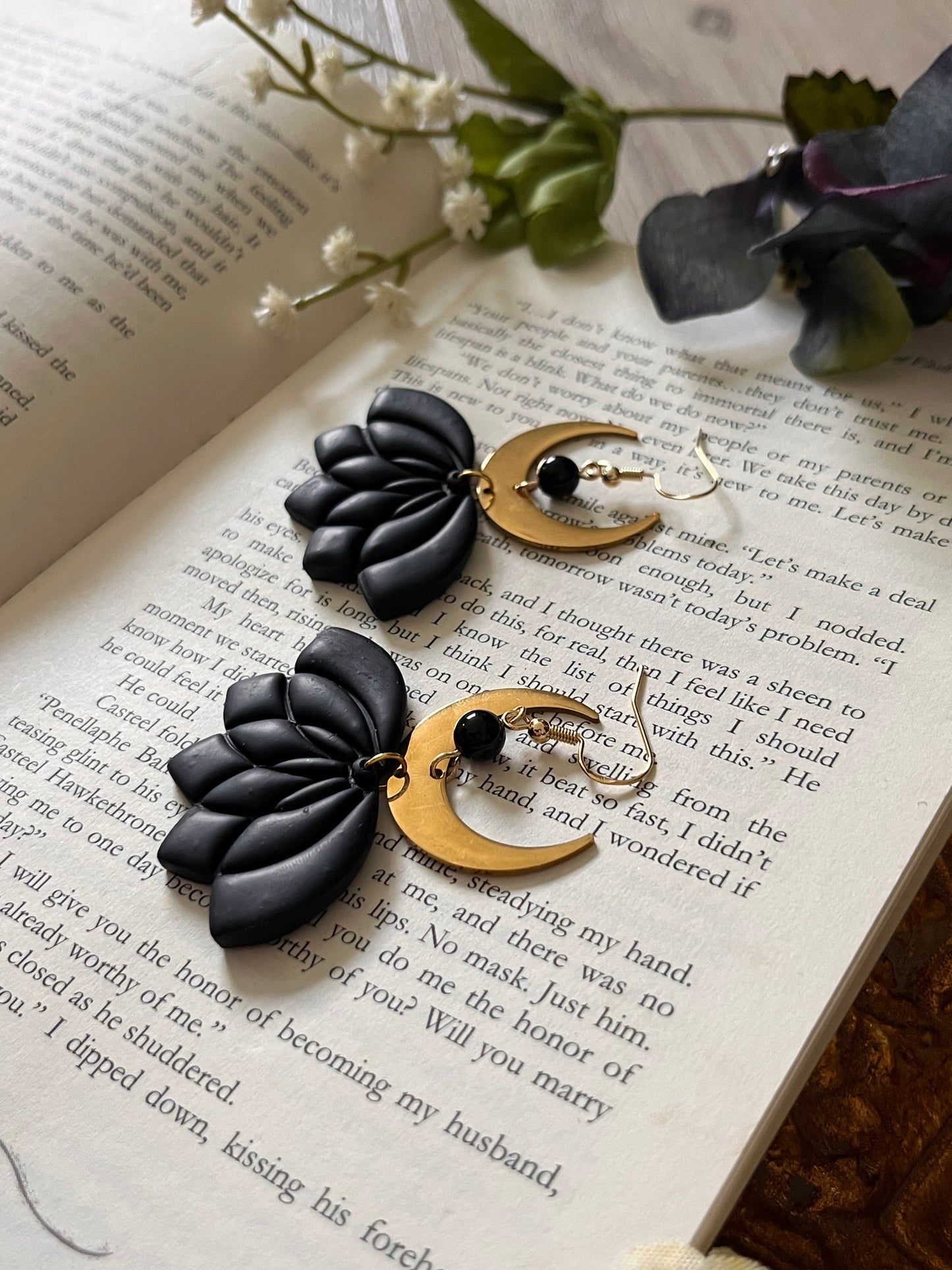 Lunar Lotus Dangles with Onyx Bead