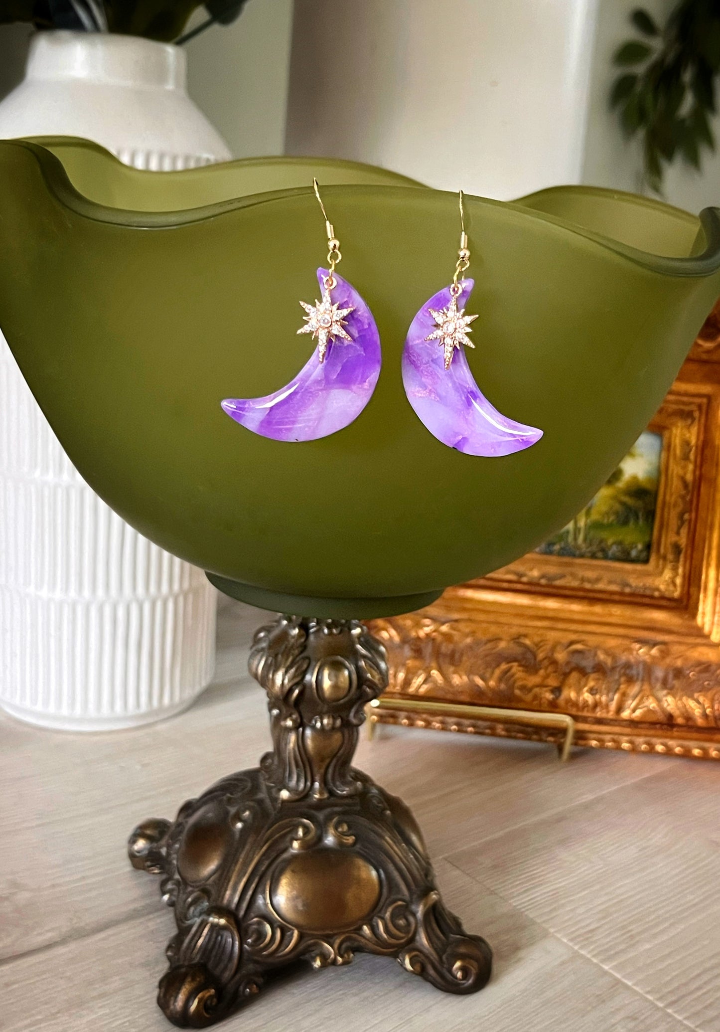 Polymer Clay Purple Moon Dangles