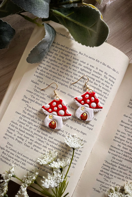 Hand Painted Polymer Clay Mushroom House Dangles