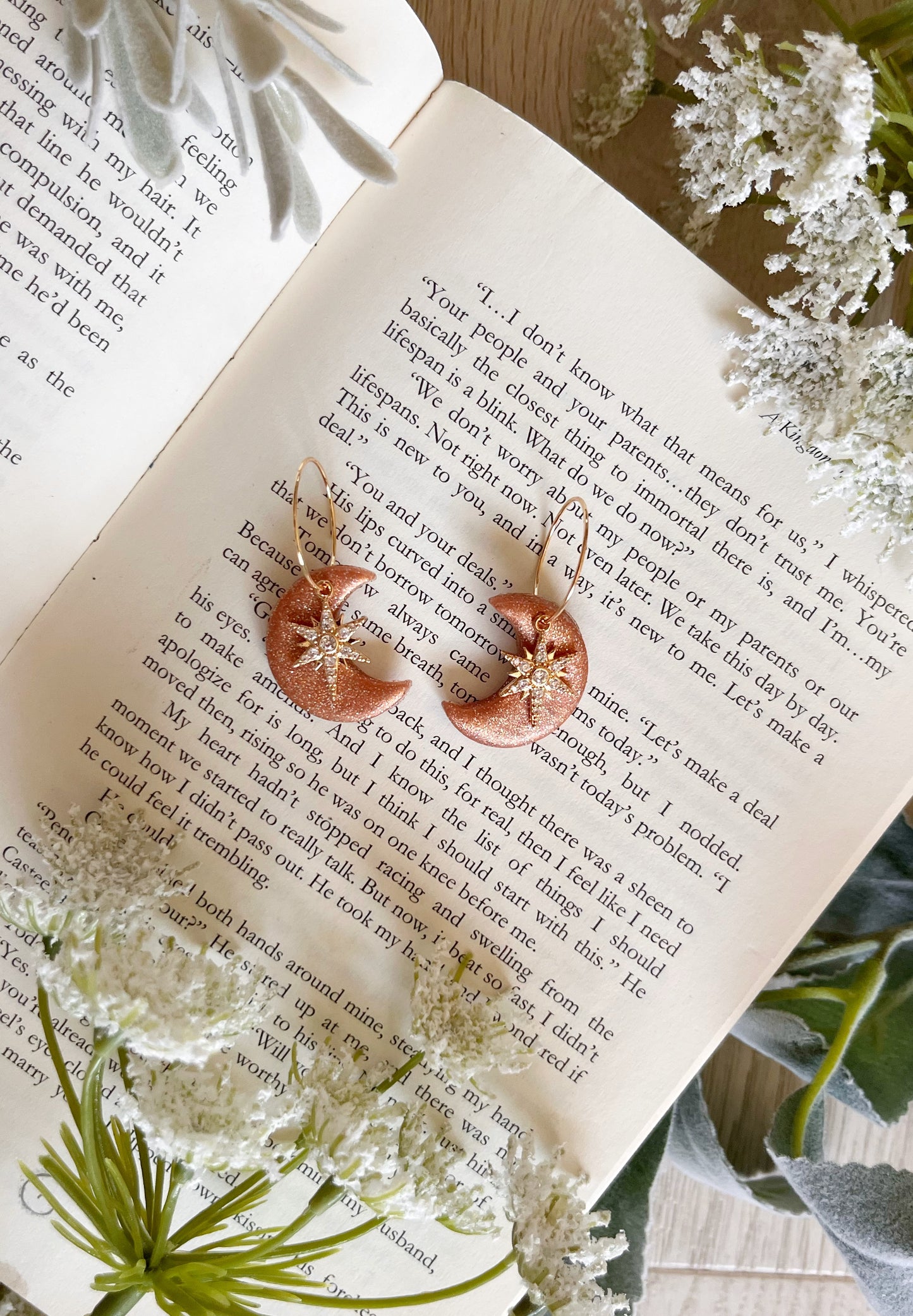 Polymer Clay Rose Gold Moon Earrings with 14 KT Gold Hoop