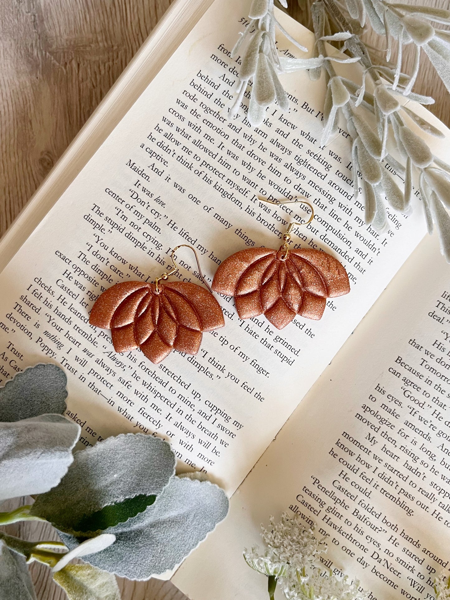 Polymer Clay Rose Gold Lotus Dangles With 14 KT Gold Hooks