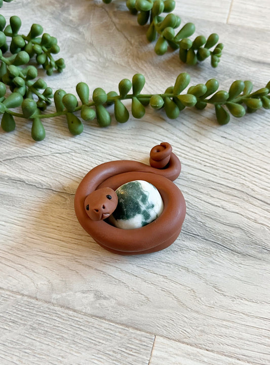 Hand Sculpted Palm Snake Guarding Tree Agate Tumble